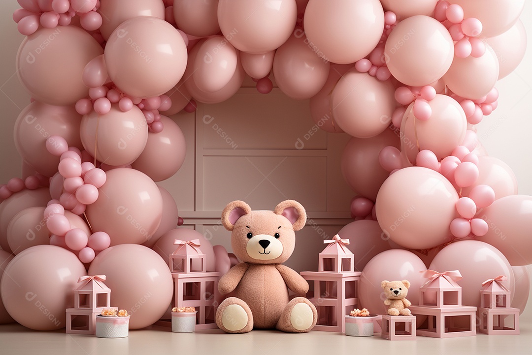 Decorações de balões em tons rosa claro com ursos