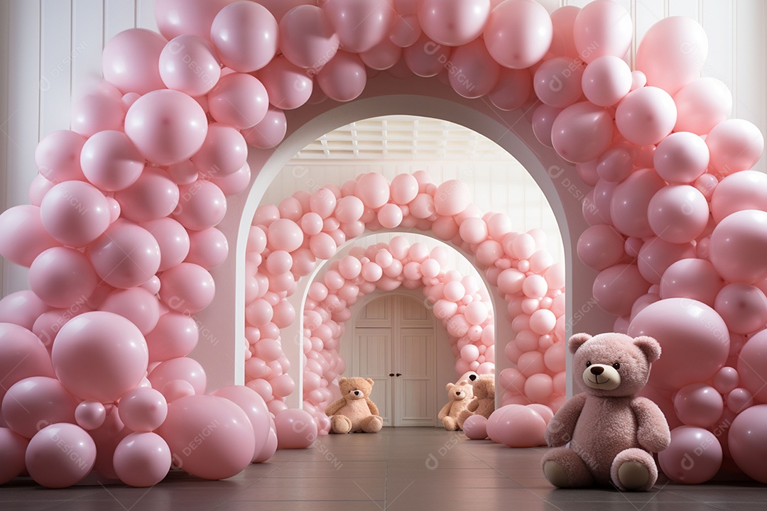 Decorações de balões em tons rosa claro com ursos