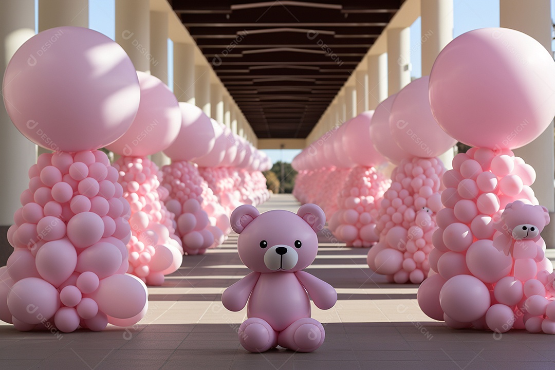 Decorações de balões em tons rosa claro com ursos