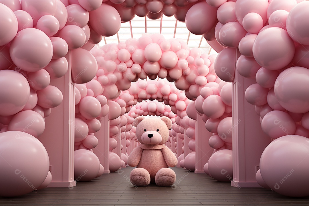 Decorações de balões em tons rosa claro com ursos