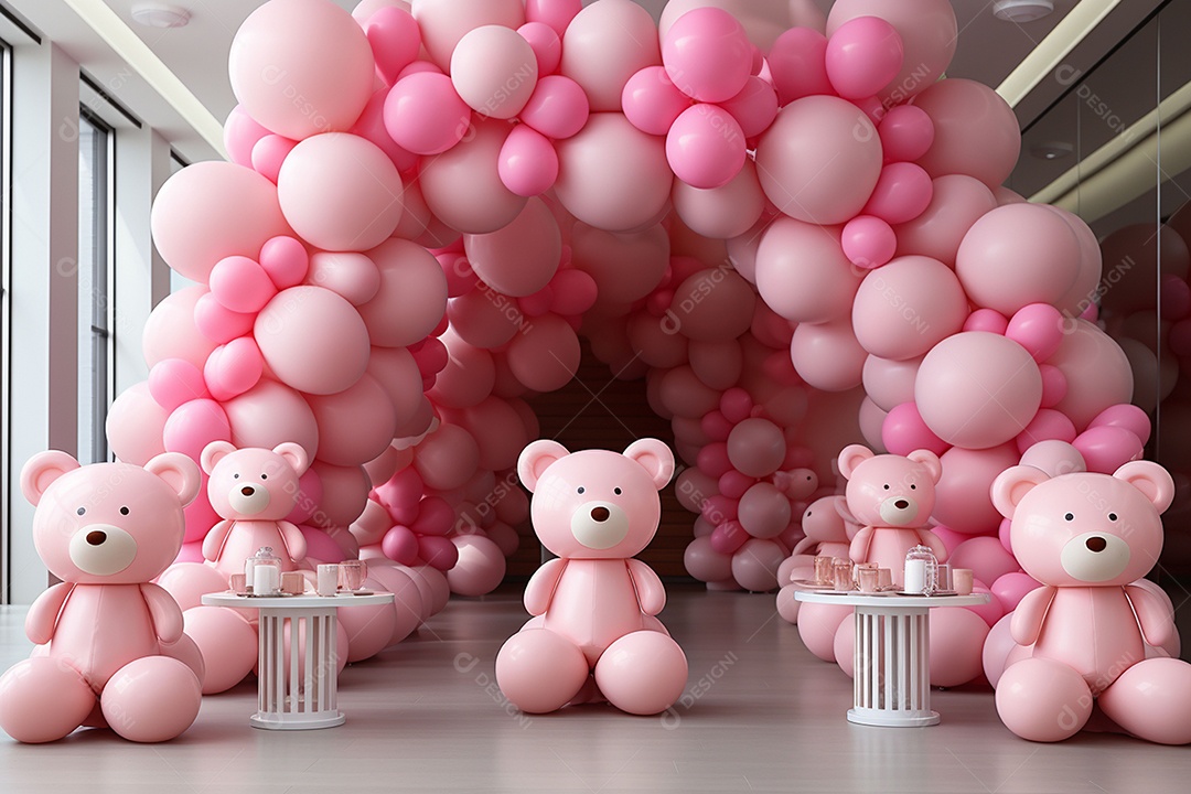 Decorações de balões em tons rosa claro com ursos
