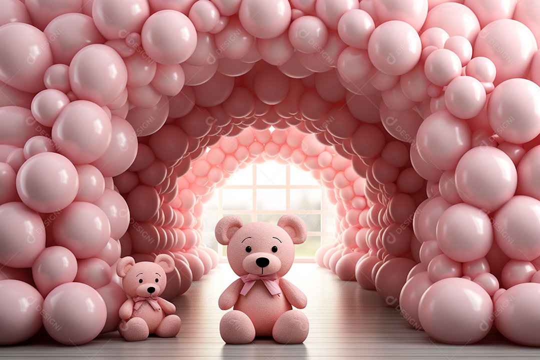 Decorações de balões em tons rosa claro com ursos