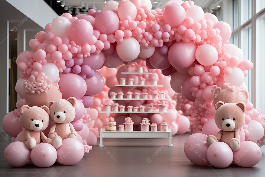 Decorações de balões em tons rosa claro com ursos