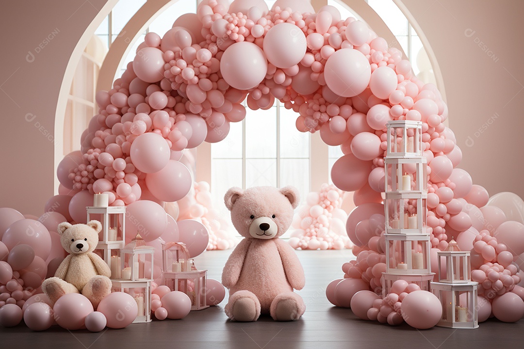 Decorações de balões em tons rosa claro com ursos