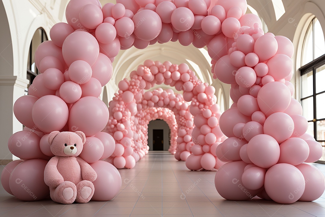 Decorações de balões em tons rosa claro com ursos
