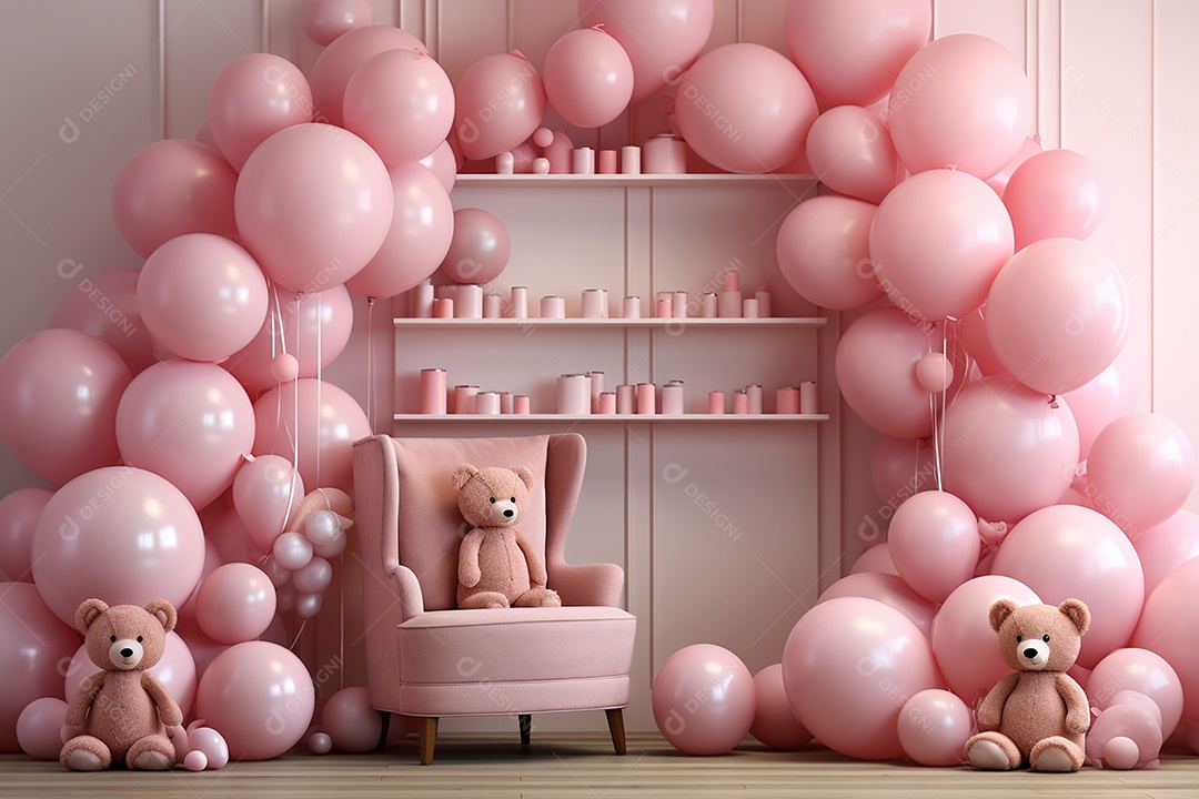 Decorações de balões em tons rosa claro com ursos