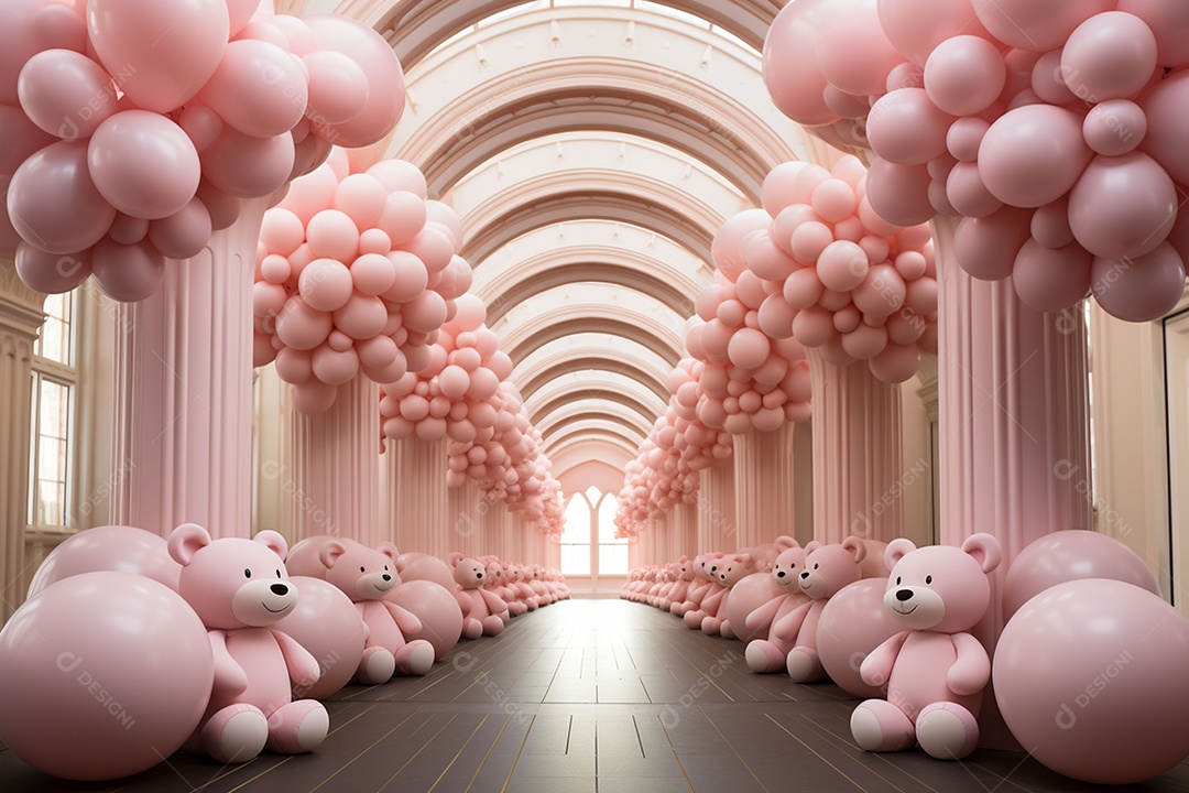 Decorações de balões em tons rosa claro com ursos