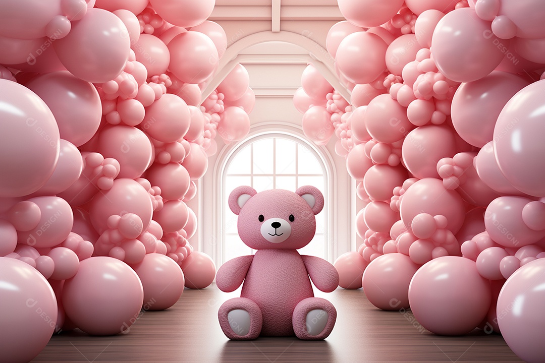 Decorações de balões em tons rosa claro com ursos
