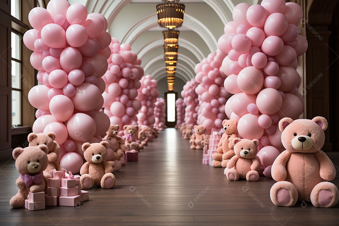 Decorações de balões em tons rosa claro com ursos