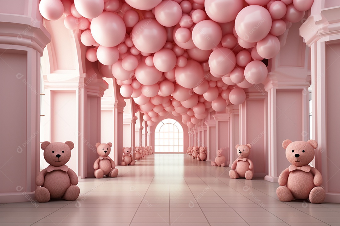 Decorações de balões em tons rosa claro com ursos