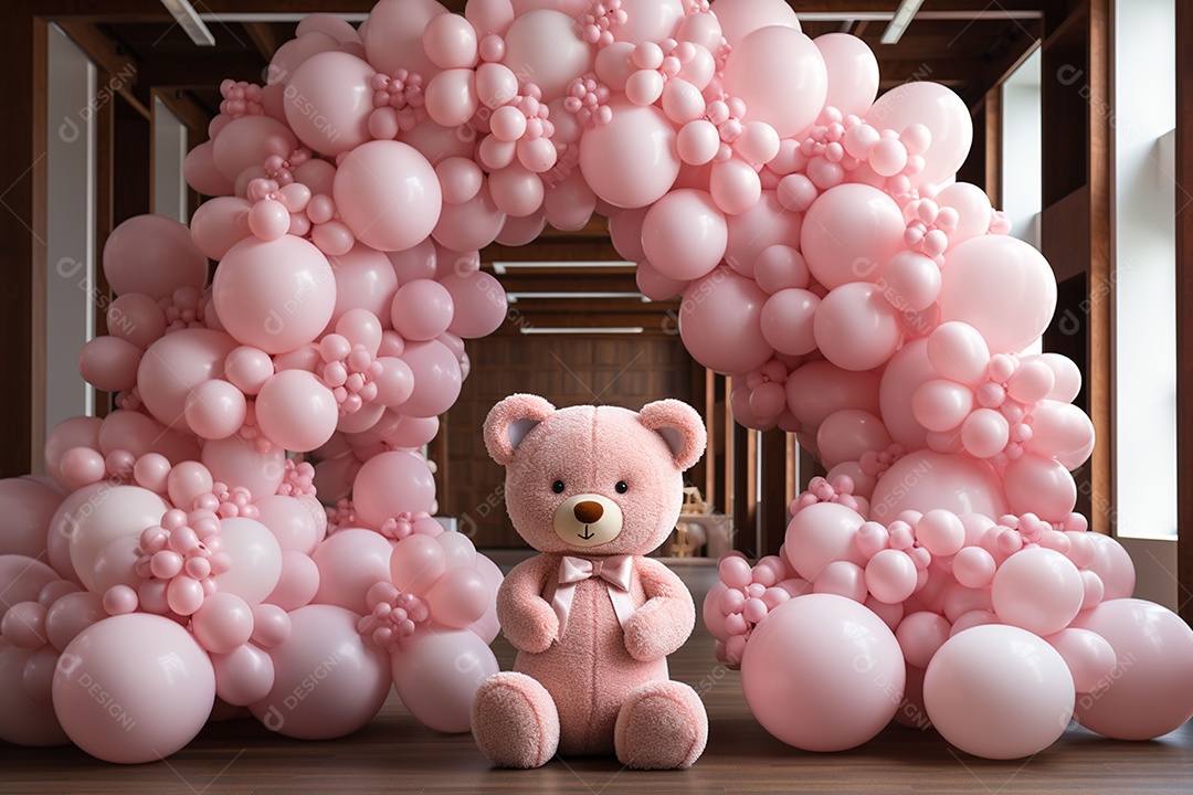Decorações de balões em tons rosa claro com ursos