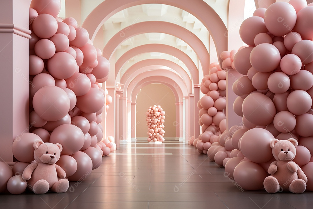 Decorações de balões em tons rosa claro com ursos