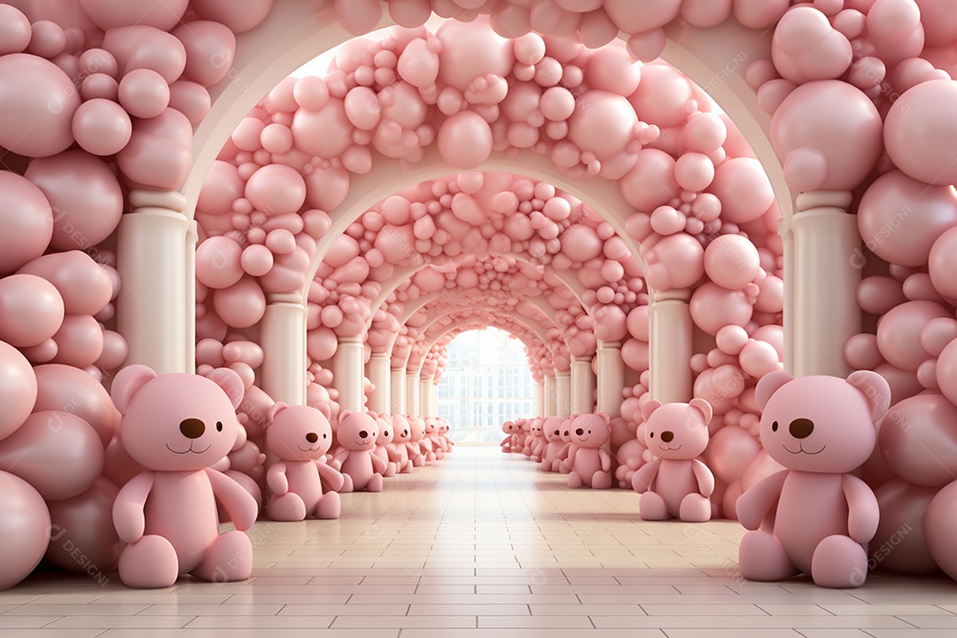 Decorações de balões em tons rosa claro com ursos