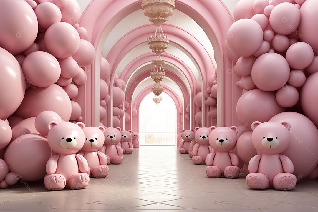 Decorações de balões em tons rosa claro com ursos