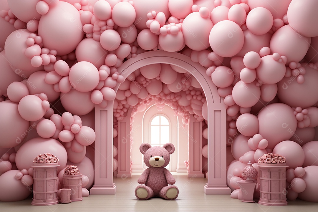 Decorações de balões em tons rosa claro com ursos