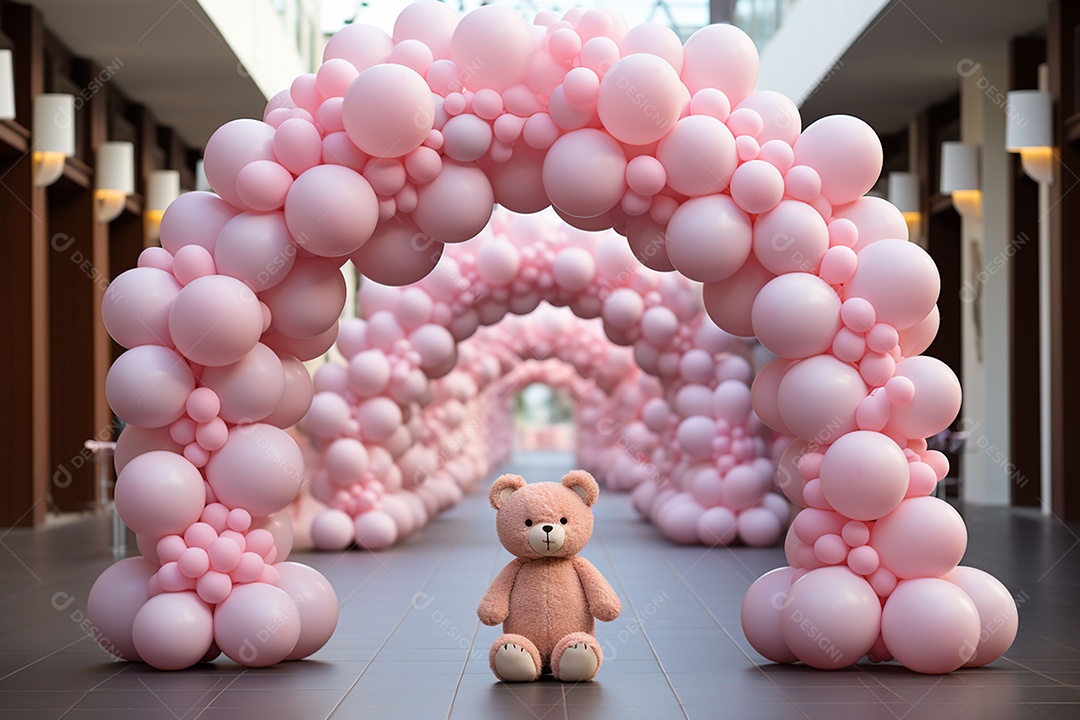Decorações de balões em tons rosa claro com ursos