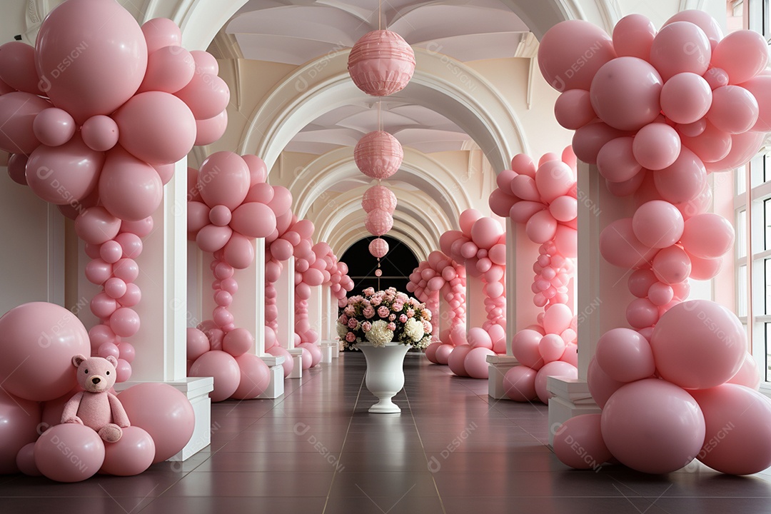 Decorações de balões em tons rosa claro com ursos