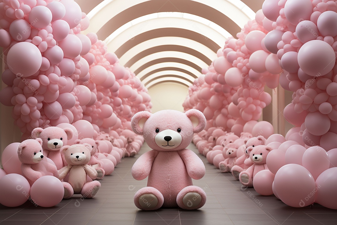 Decorações de balões em tons rosa claro com ursos