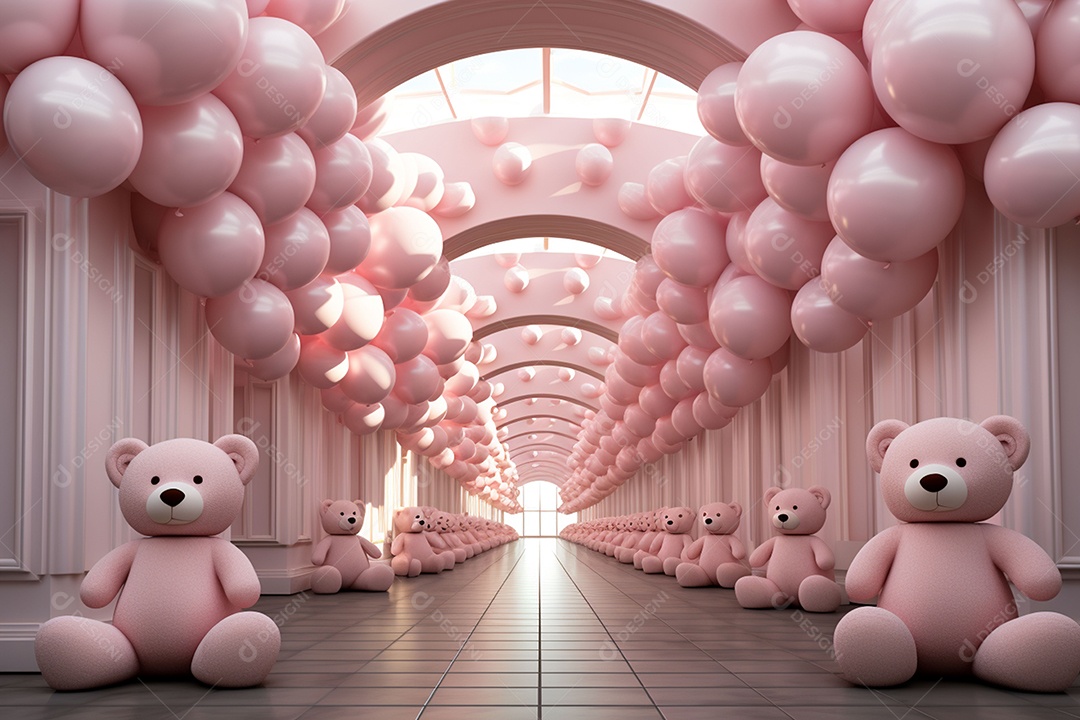 Decorações de balões em tons rosa claro com ursos