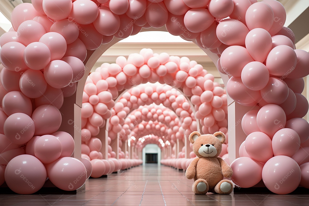 Decorações de balões em tons rosa claro com ursos