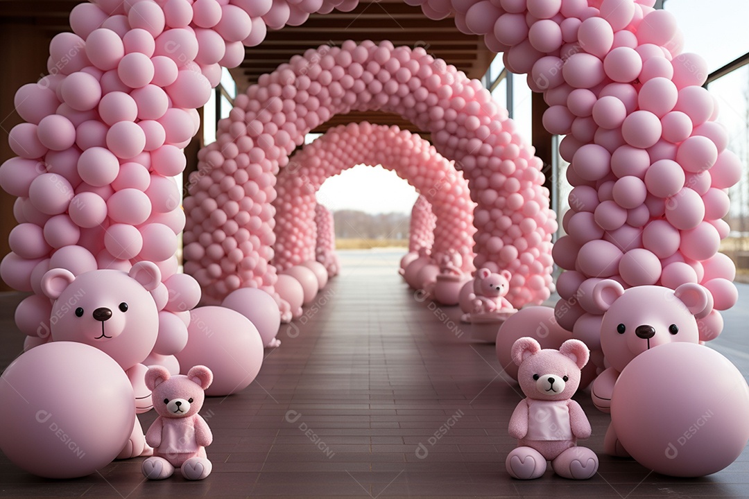 Decorações de balões em tons rosa claro com ursos