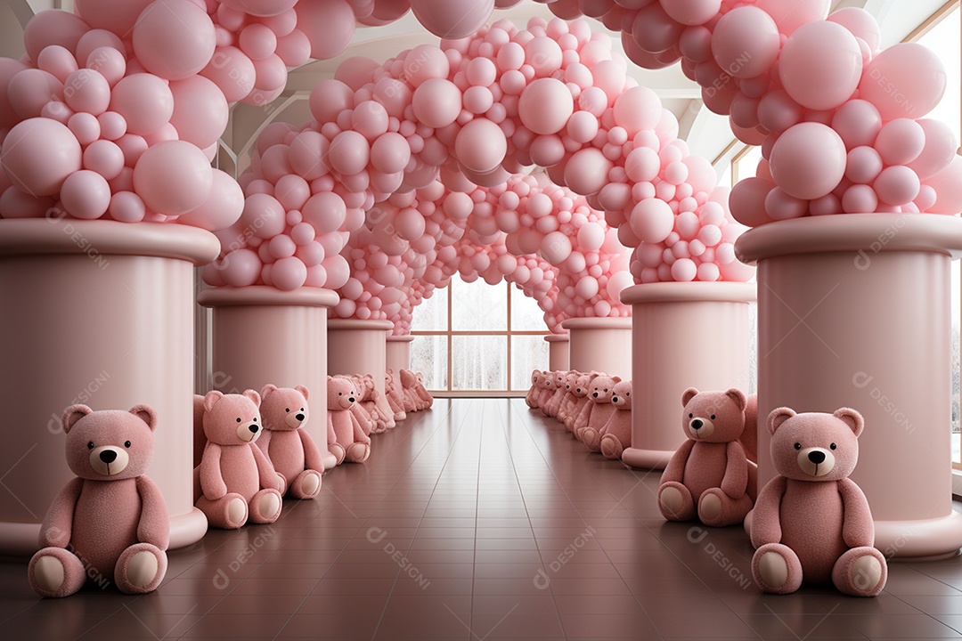 Decorações de balões em tons rosa claro com ursos