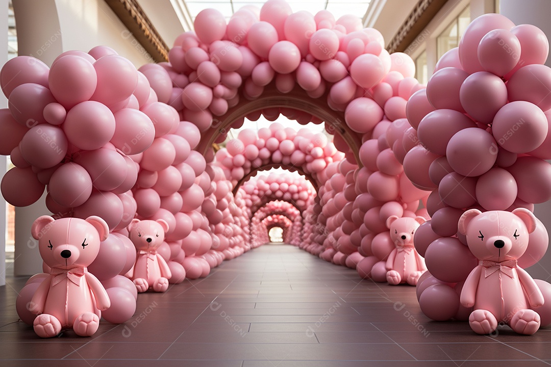 Decorações de balões em tons rosa claro com ursos
