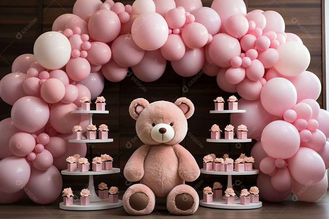 Decorações de balões em tons rosa claro com ursos