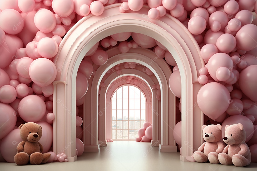 Decorações de balões em tons rosa claro com ursos