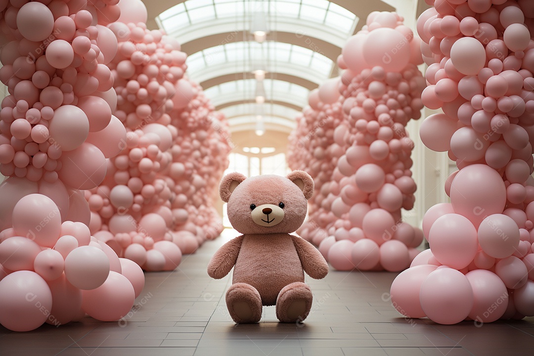 Decorações de balões em tons rosa claro com ursos