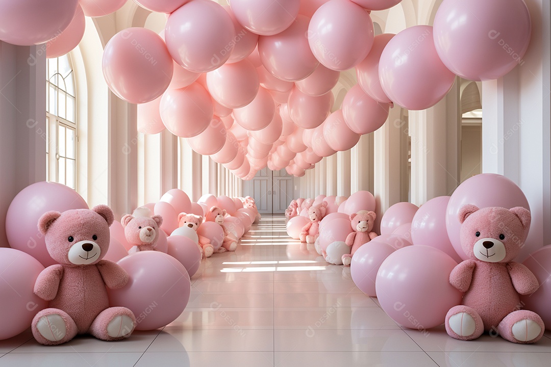 Decorações de balões em tons rosa claro com ursos