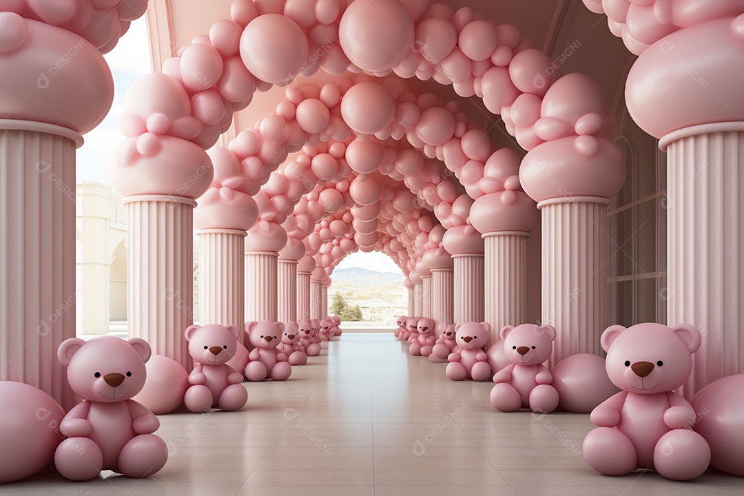 Decorações de balões em tons rosa claro com ursos