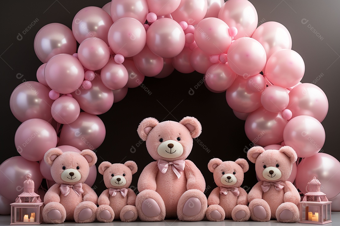 Decorações de balões em tons rosa claro com ursos