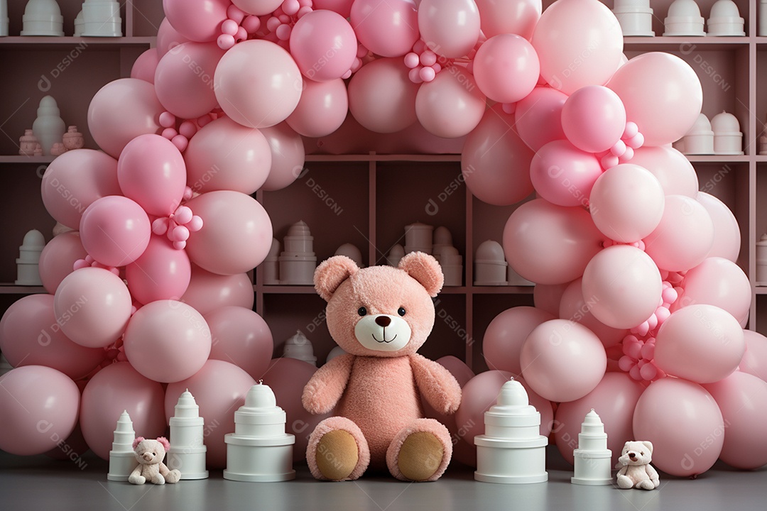 Decorações de balões em tons rosa claro com ursos