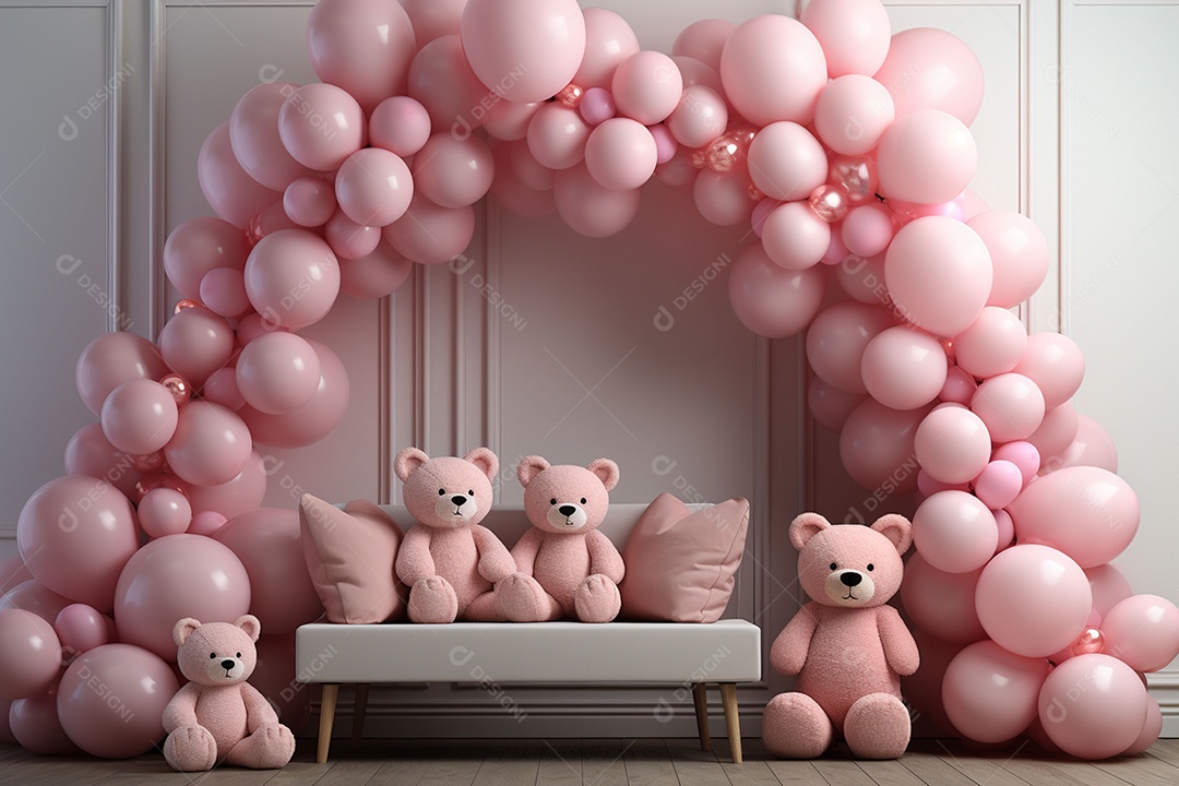 Decorações de balões em tons rosa claro com ursos