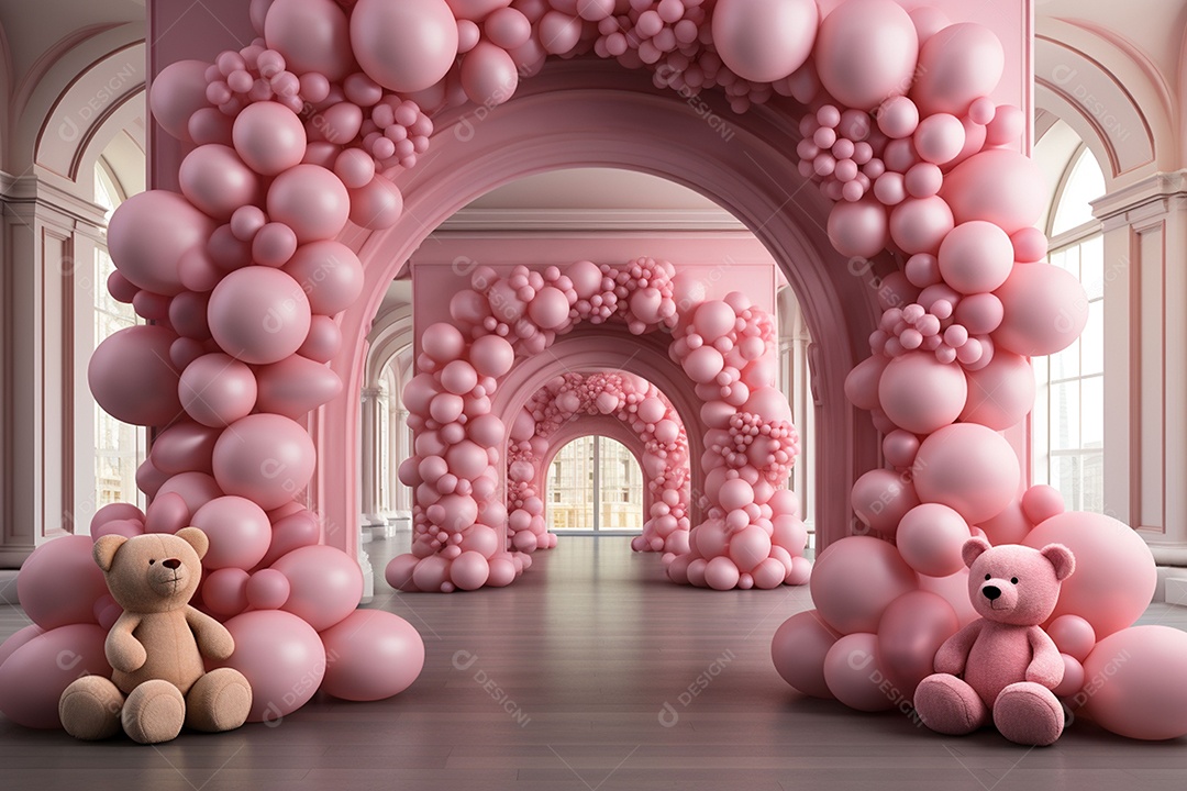 Decorações de balões em tons rosa claro com ursos