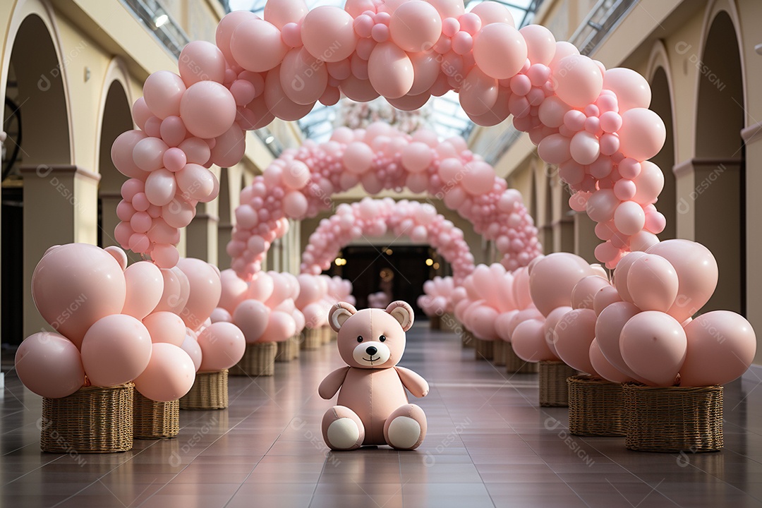 Decorações de balões em tons rosa claro com ursos