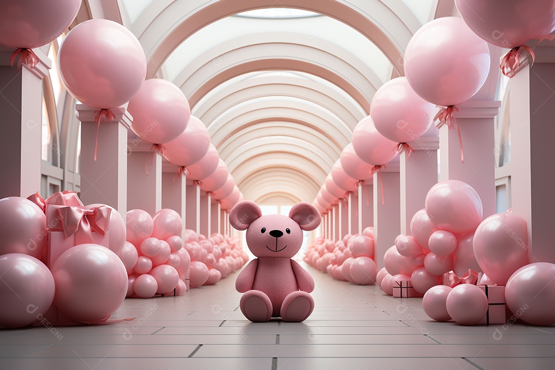 Decorações de balões em tons rosa claro com ursos