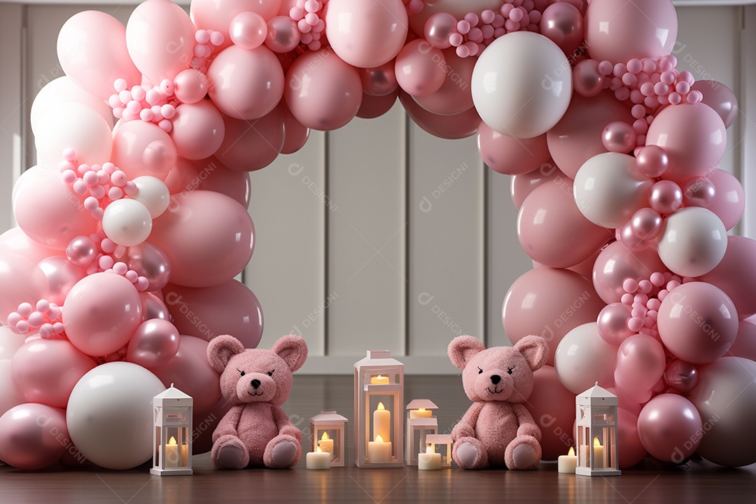 Decorações de balões em tons rosa claro com ursos
