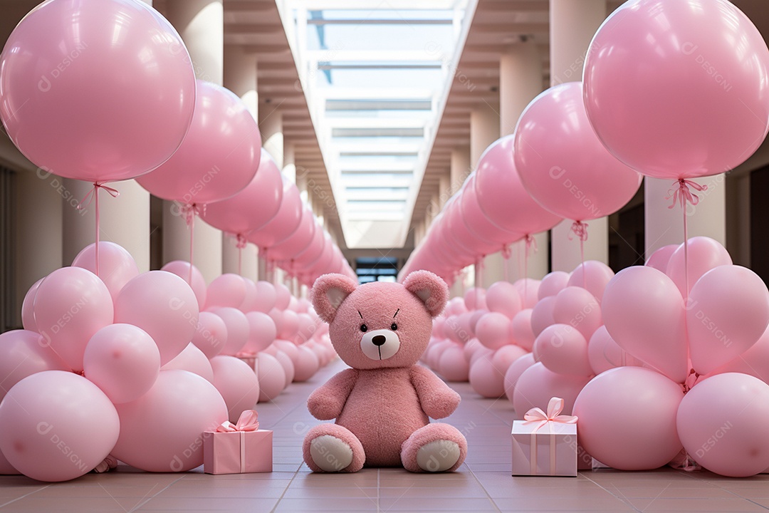Decorações de balões em tons rosa claro com ursos