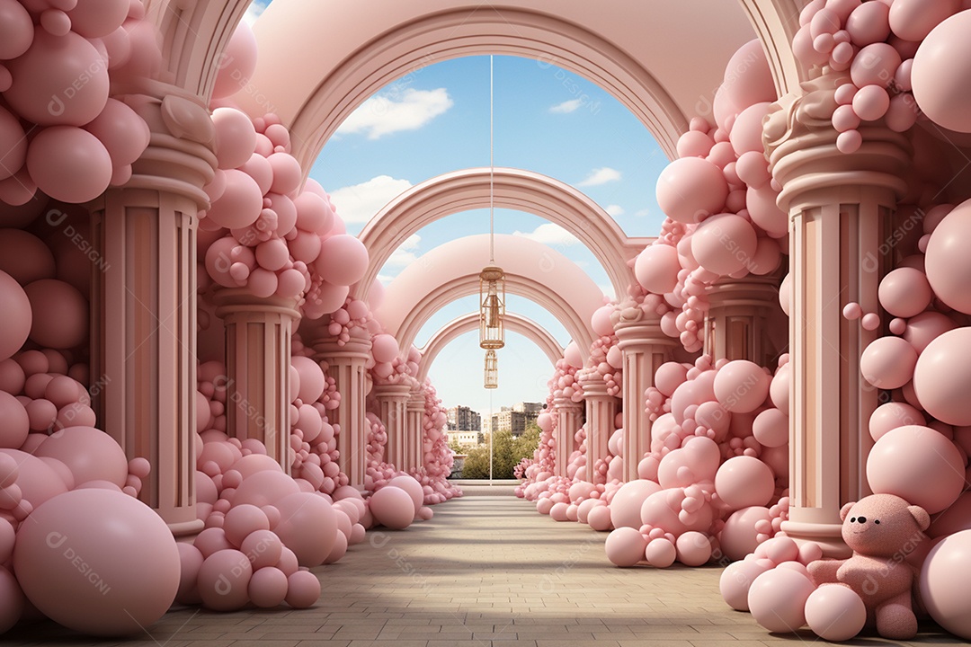 Decorações de balões em tons rosa claro com ursos