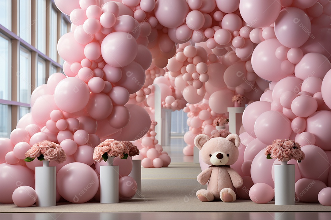 Decorações de balões em tons rosa claro com ursos