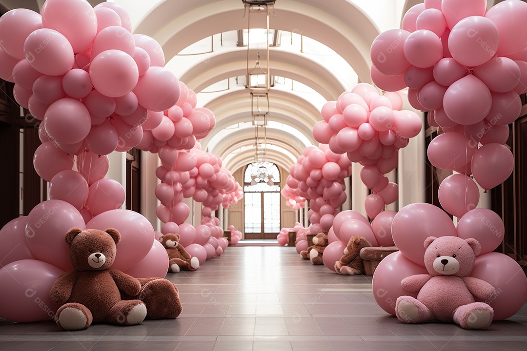 Decorações de balões em tons rosa claro com ursos