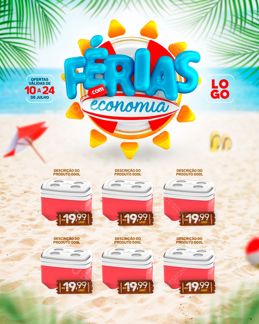 Férias com Economia Ofertas de Validas de 10 a 24 de Julho Social Media PSD Editável