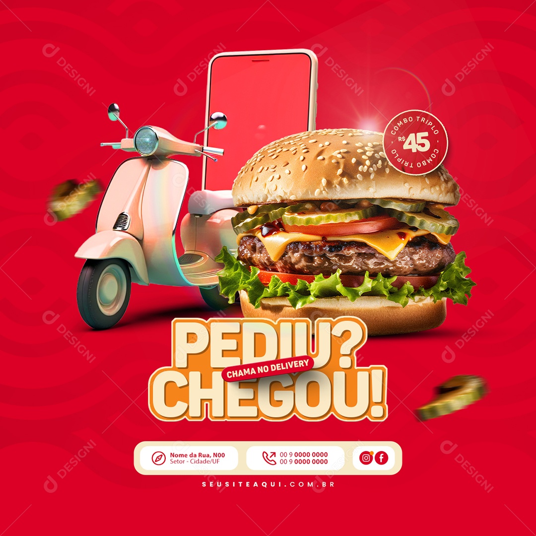 Hamburgueria Pediu Chegou Chama no Delivery Social Media PSD Editável