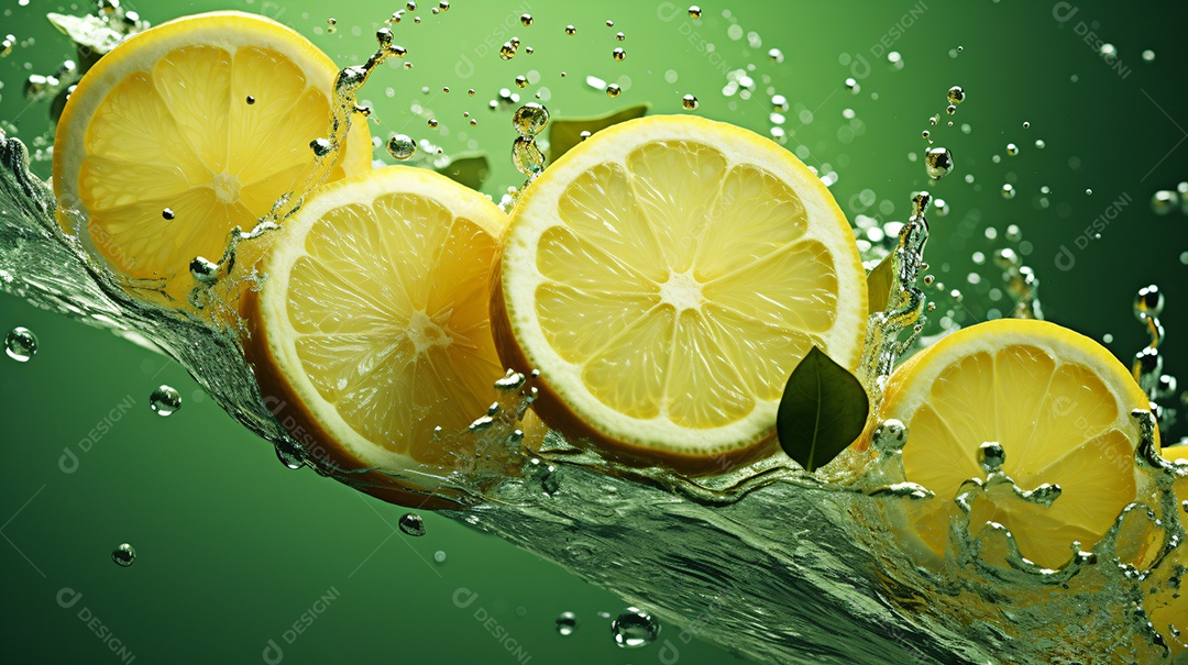 Fatias de limão voando no ar com respingos de suco