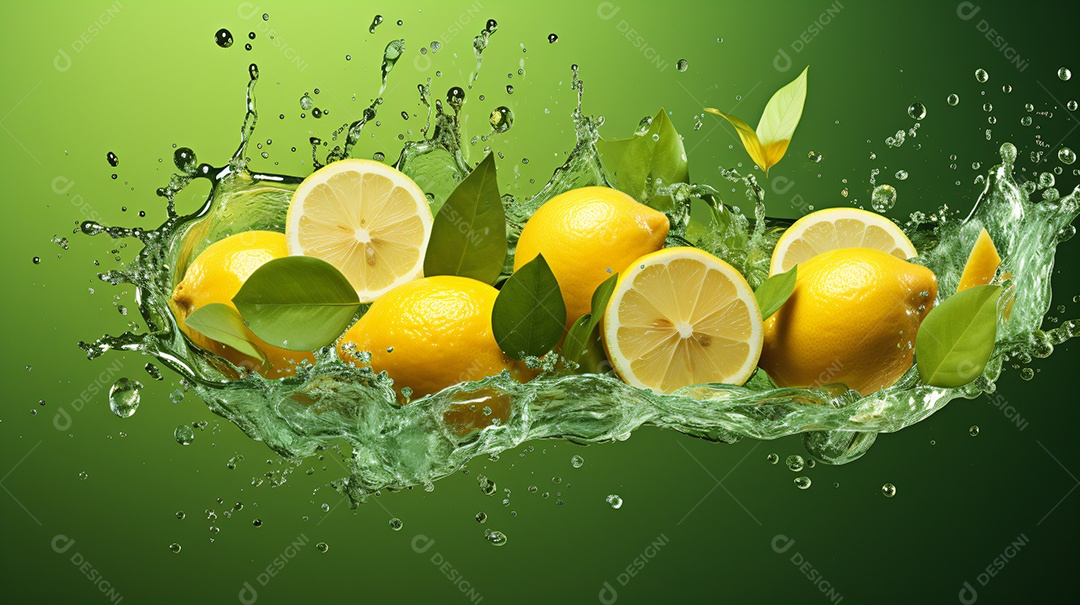 Fatias de limão voando no ar com respingos de suco