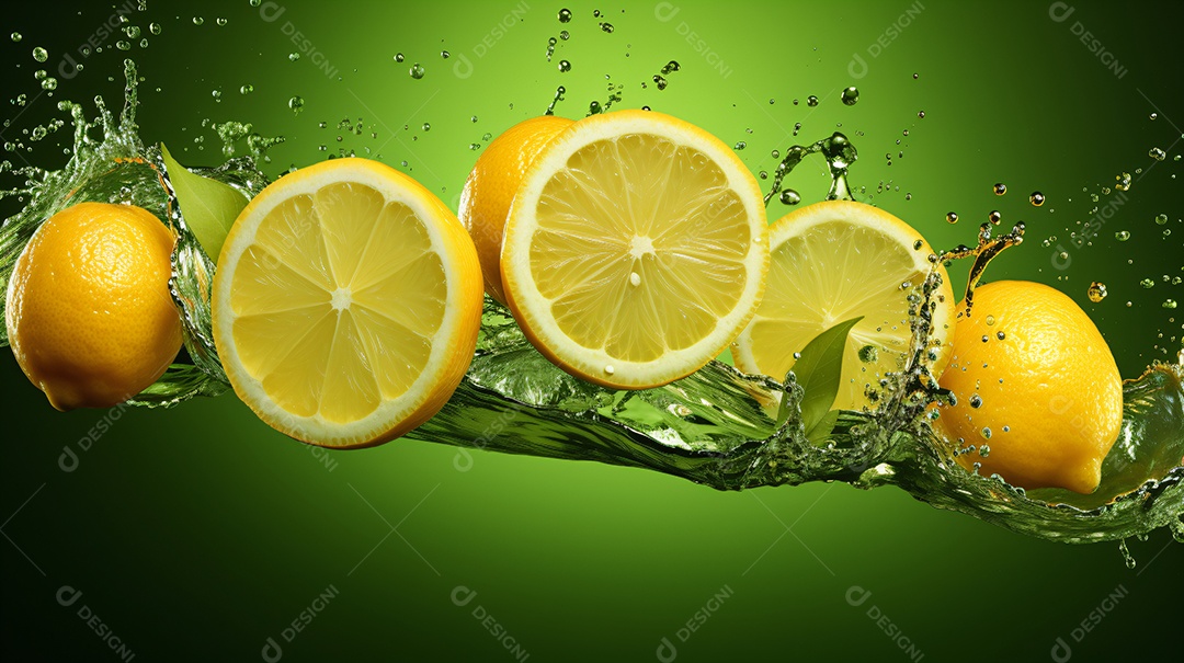 Fatias de limão voando no ar com respingos de suco