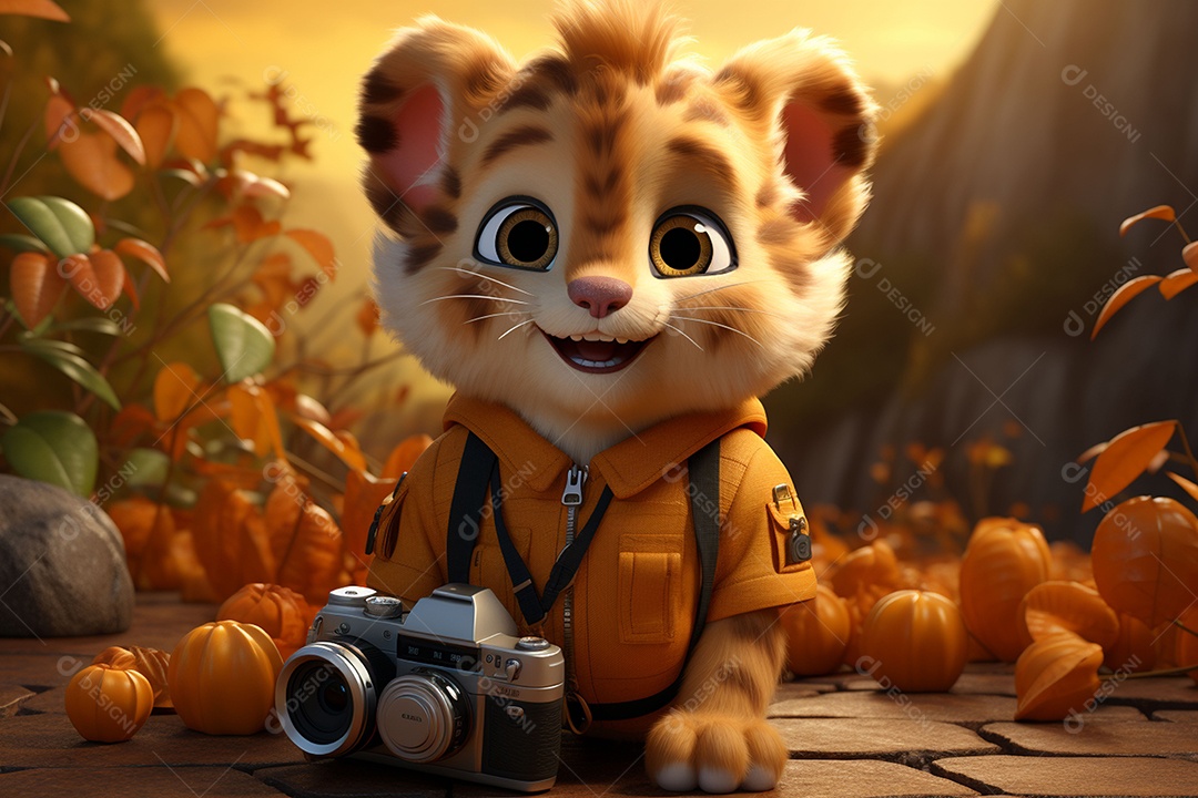 Um pequeno leão segurando uma câmera