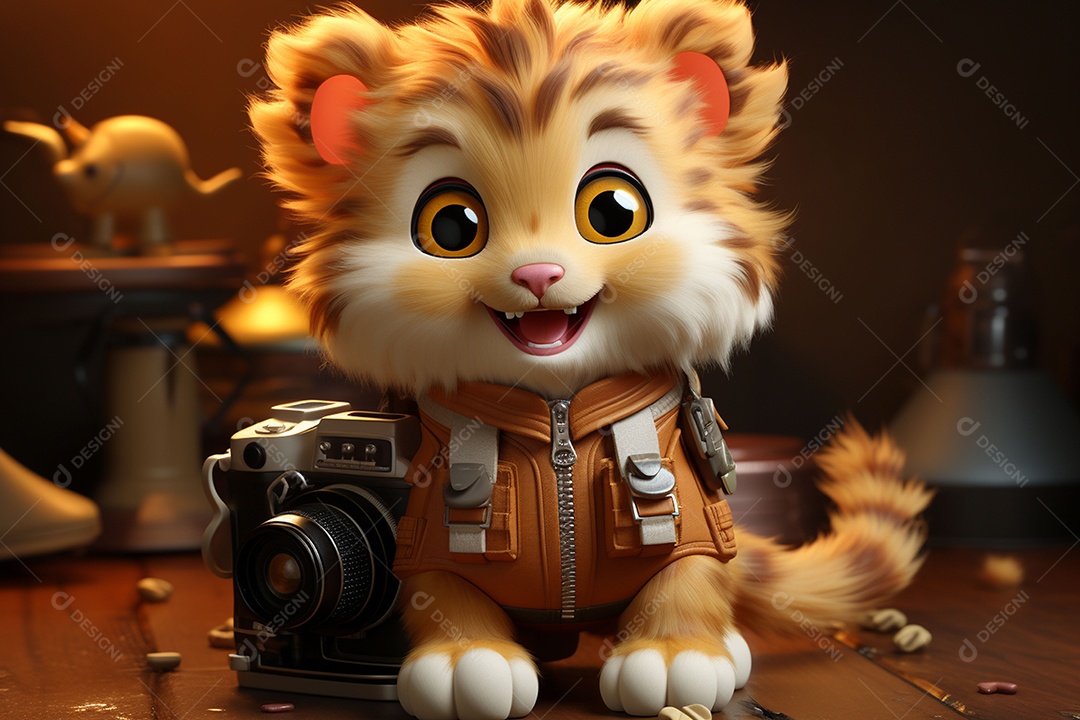 Um pequeno leão segurando uma câmera